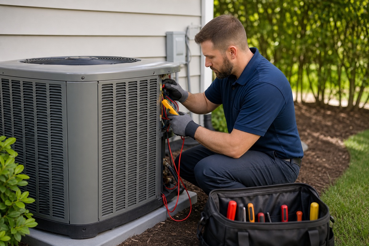 Home HVAC technicians with an outdoor air conditioning unit