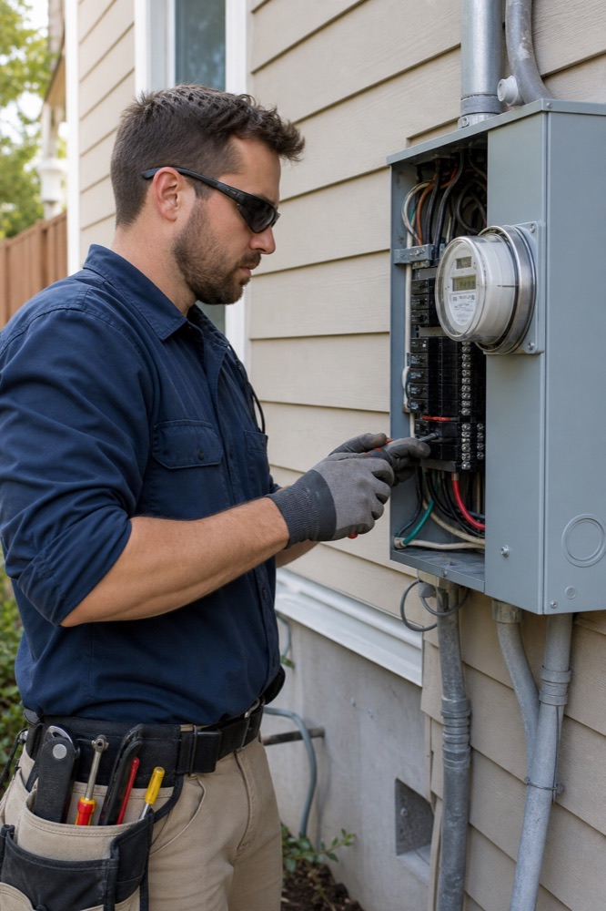Technician working on an outdoor electrical service panel