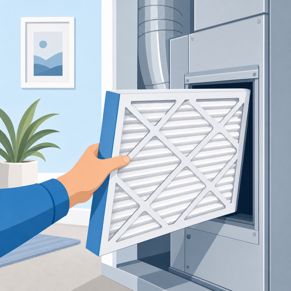 Friendly reminder graphic showing an HVAC air filter replacement