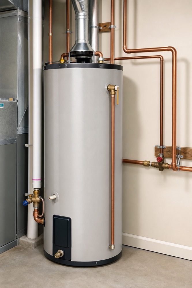 Water heater and copper plumbing installation in a mechanical room