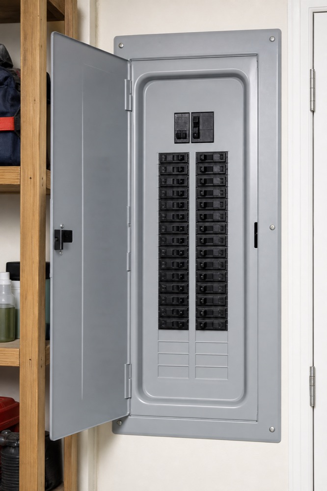 Open residential circuit breaker panel showing breaker rows